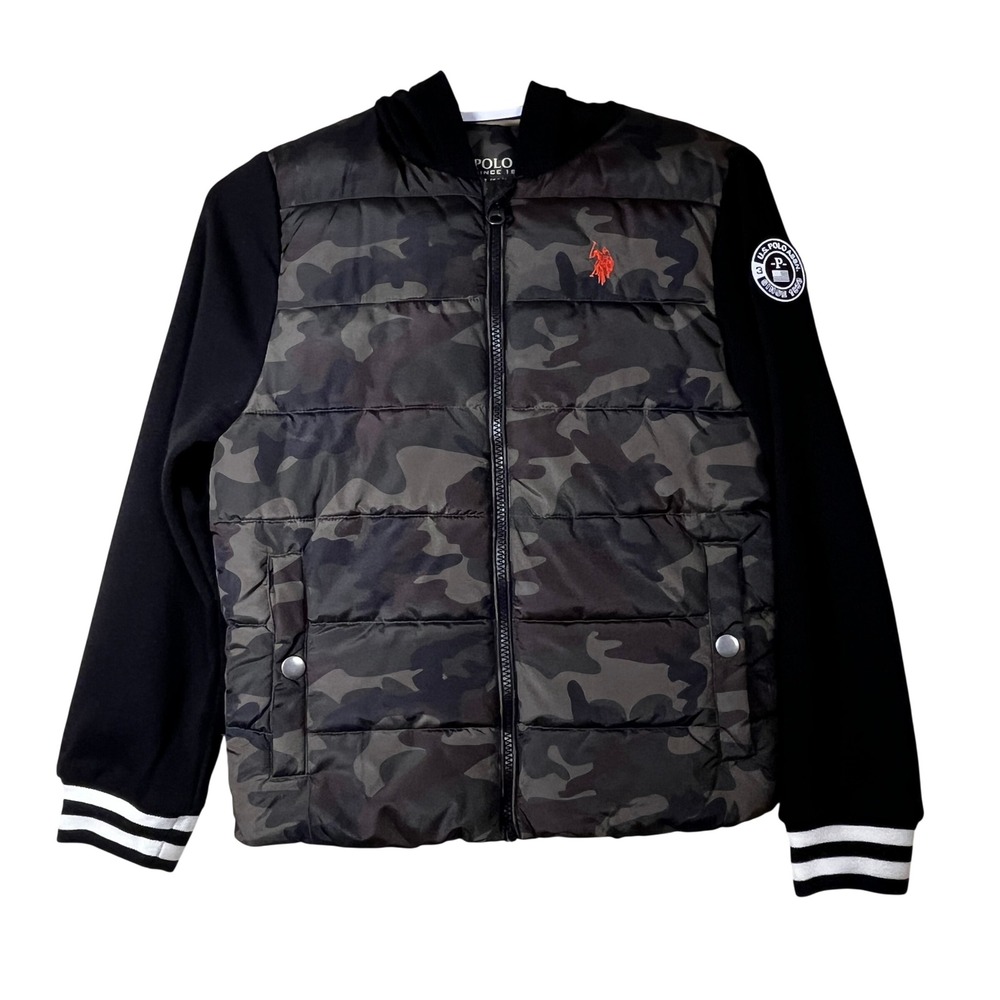 US Polo Assn Boys Camo Hybrid Puffer Jacket Hoodie Black Green L‎ 10/12